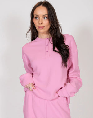 Waffle Knit Boxy Henley - Bubble Gum