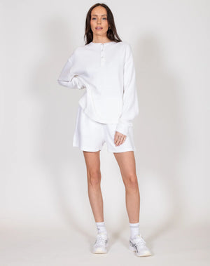 Waffle Knit Boxy Long Sleeve Henley - White