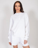 Waffle Knit Boxy Long Sleeve Henley - White