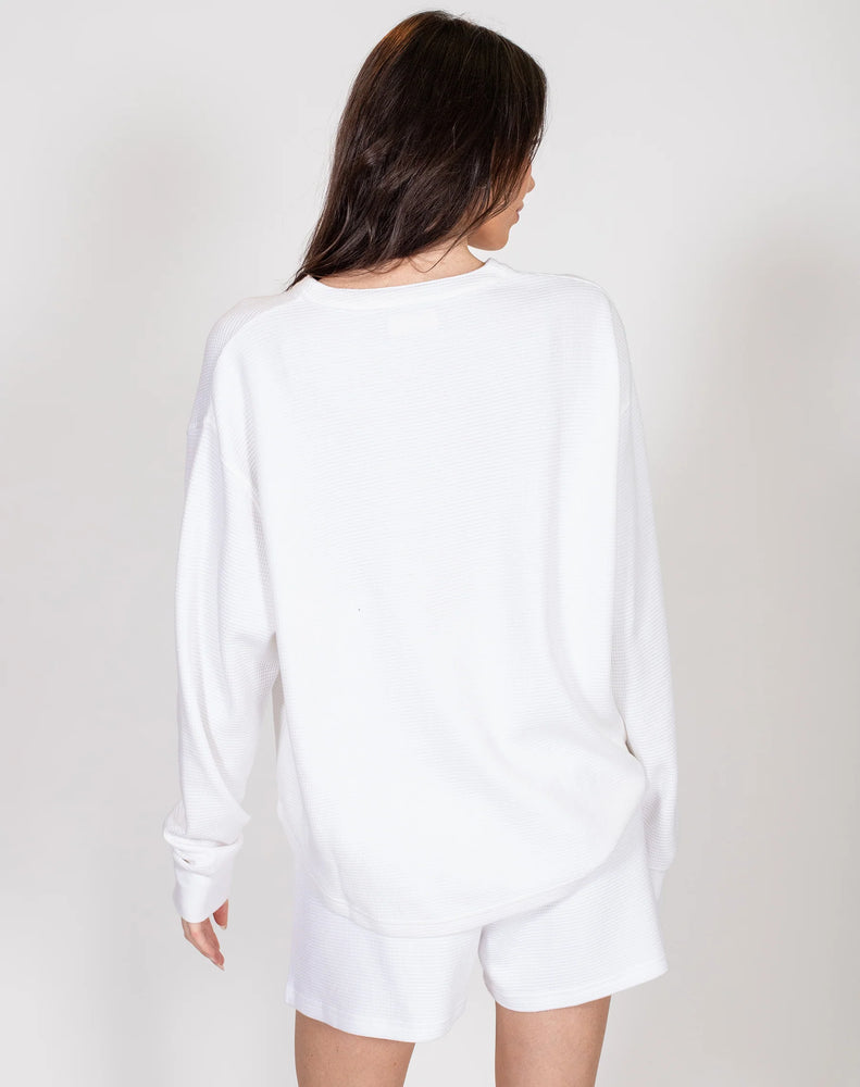 Waffle Knit Boxy Long Sleeve Henley - White