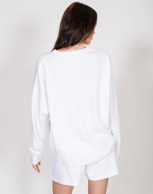 Waffle Knit Boxy Long Sleeve Henley - White