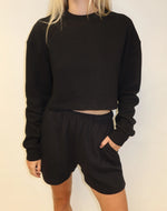 Waffle Knit Little Sister Boxy Long Sleeve Tee - Black