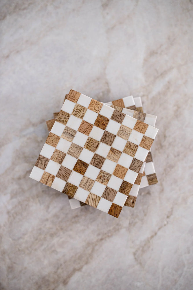 Checkered Wood and Resin Coasters - set of 4