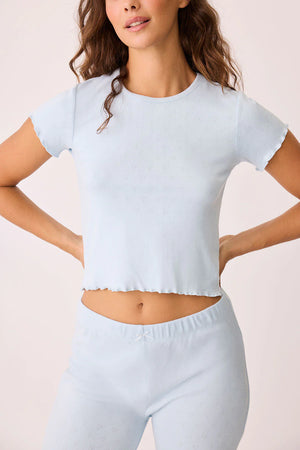 Pointelle Hearts Short Sleeve T-Shirt - Light Blue