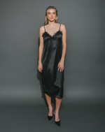 Satin Maxi Dress with Lace Applique - Black