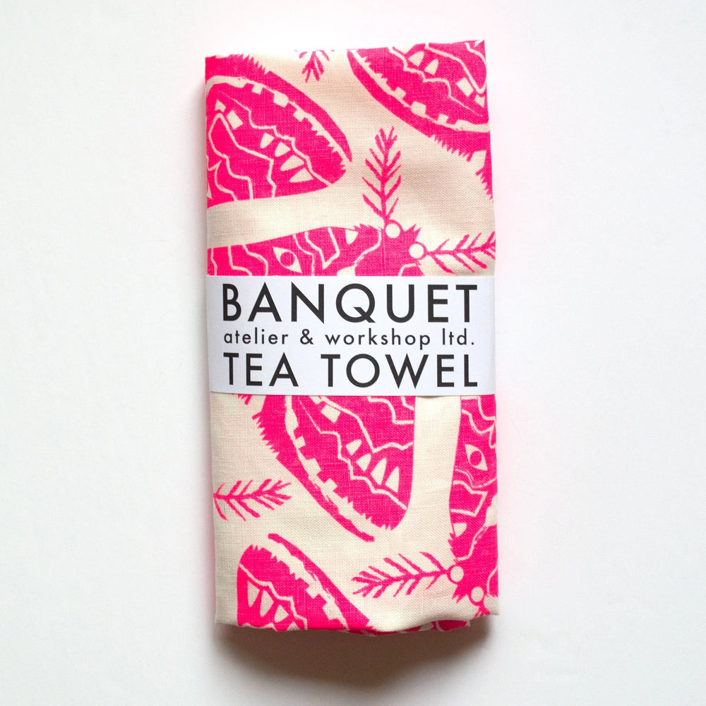 All Linen Tea Towel - Neon Pink Moths