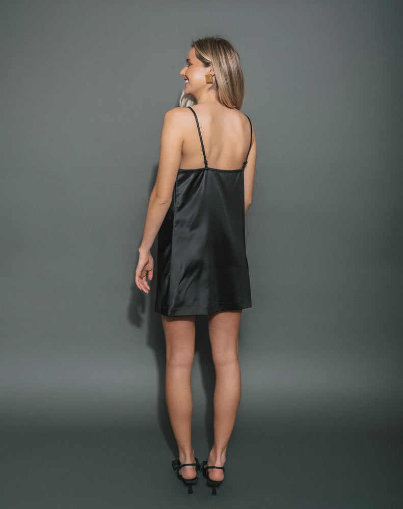 Satin Mini Dress w/ Cowl Neck - Black