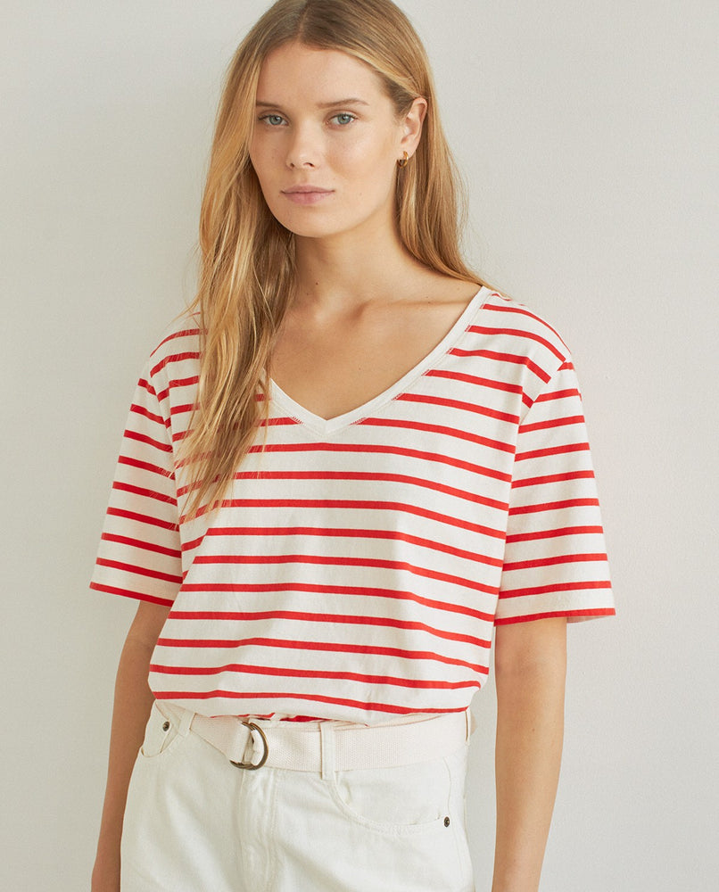 
            
                Load image into Gallery viewer, Organic Cotton V-Neck T-Shirt - Ecru/Red Stripes
            
        