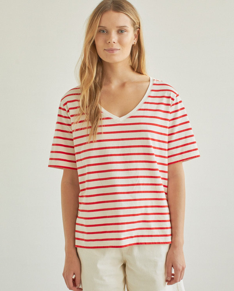 
            
                Load image into Gallery viewer, Organic Cotton V-Neck T-Shirt - Ecru/Red Stripes
            
        